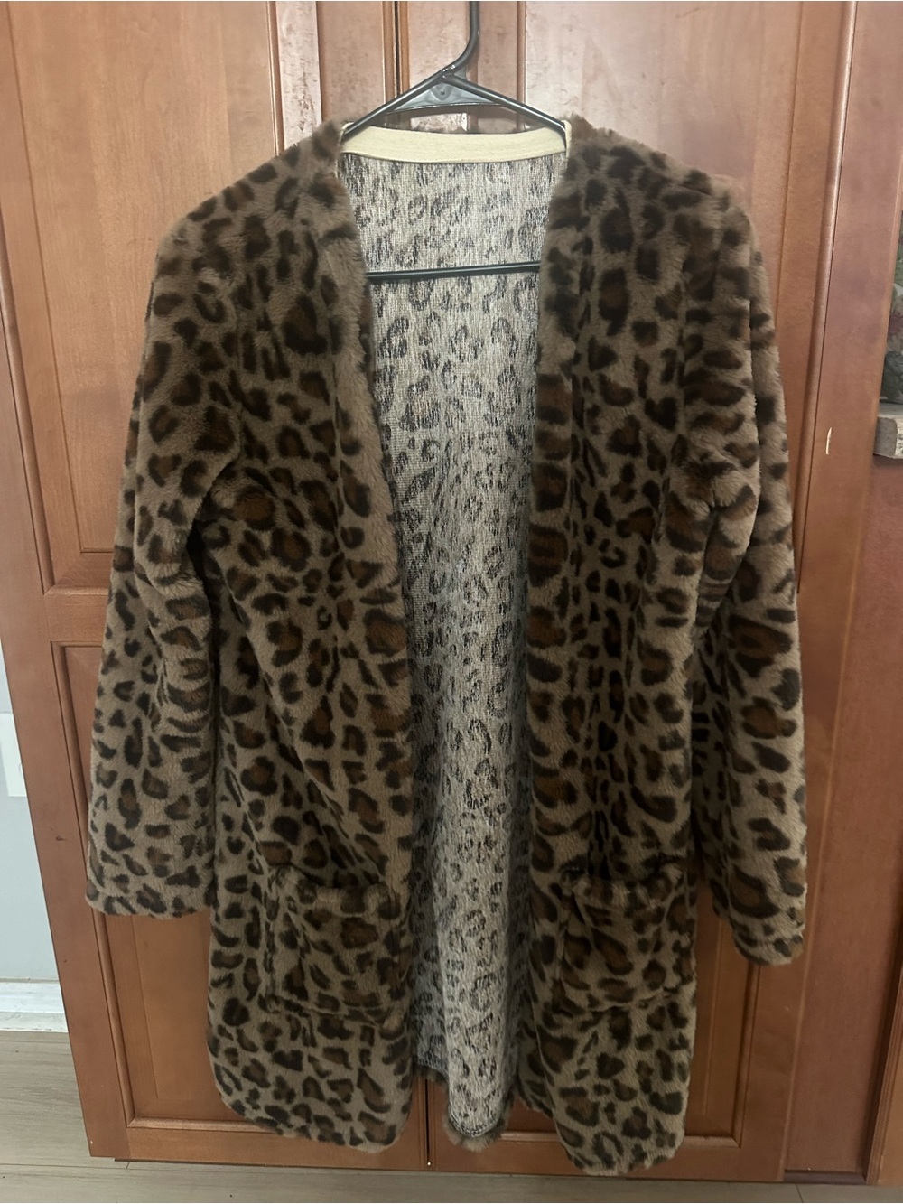 Leopard Print Faux Fur Open-Front Coat - Brown